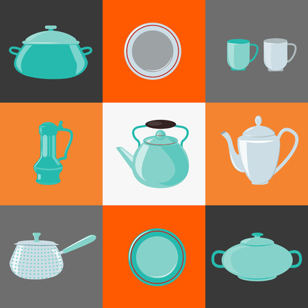 Kitchen Utensils. Kitchen Equipment. Household Objects. Icons Set. Pot, Kettle, Cup, Dish, Plate. Vector illustration. Flat styleのイラスト素材