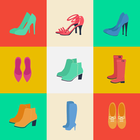 Women's Shoes. Women's Fashion. Seasonal Shoes. Icons Set. Boots, Louboutin, Shoes. Vector Illustration. Flat styleのイラスト素材
