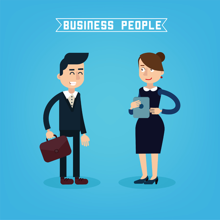 Business People. Businessman and Businesswoman. Woman with Tablet. Man with Briefcase. Business Team. Vector illustration. Flat styleのイラスト素材