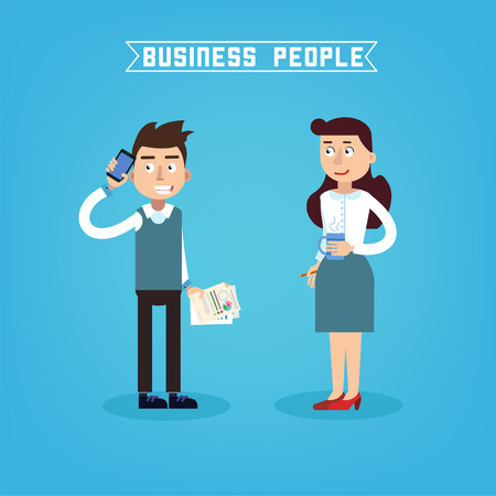 Business People. Businessman and Businesswoman. Woman with Coffee. Man with Phone. Business Team. Vector illustration. Flat styleのイラスト素材