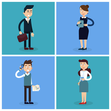 Business People. Businessman and Businesswoman. Woman with Tablet. Woman with Coffee. Man with Phone. Man with Suitcase. Business Team. Vector illustration. Flat styleのイラスト素材