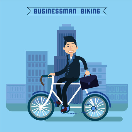 Businessman Biking. Businessman Riding a Bicycle. Modern Lifestyle. Man Biking in the City. Businessman on Bicycle. Vector illustrationのイラスト素材