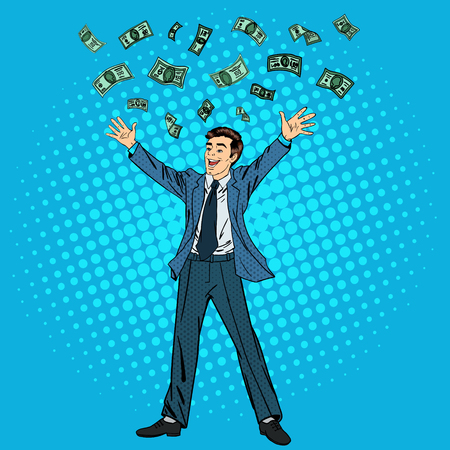 Happy Businessman. Success in Business. Successful Businessman. Businessman and Money. Man Throwing Money Up. Falling Money. Pop Art Banner. Vector illustrationのイラスト素材