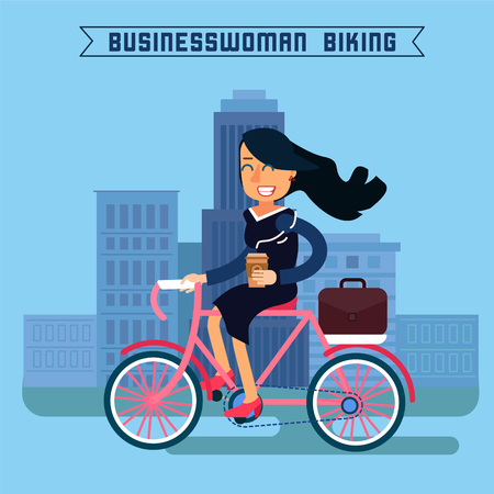 Businesswoman Biking. Businesswoman Riding a Bicycle. Modern Lifestyle. Woman Biking in the City. Businesswoman on Bicycle. Vector illustrationのイラスト素材