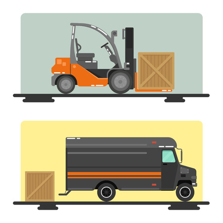 Forklift Truck. Delivery Van. Logistics Industry. Heavy Transportation. Cargo Transportation. Delivery Service. Vector illustration. Flat Styleのイラスト素材