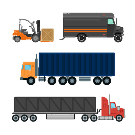 Forklift Truck. Delivery Van. Delivery Truck. Delivery Trailer. Logistics Industry. Heavy Transportation. Cargo Transportation. Delivery Service. Vector illustration. Flat Styleのイラスト素材