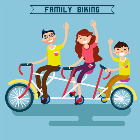 Family Biking. Family Riding a Bicycle. Triple Bicycle. Tandem Bicycle. Happy Family. Modern Lifestyle. Vector illustrationのイラスト素材