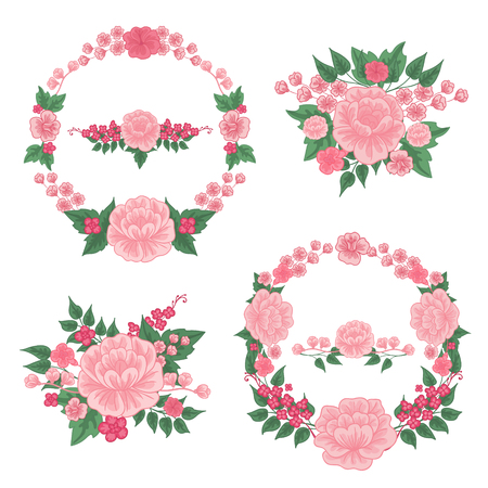 Flowers Set. Floral Frames. Greeting Cards Decoration. Wreath of Flowers. Wedding Decoration. Valentines Day Decoration. Vector illustrationのイラスト素材