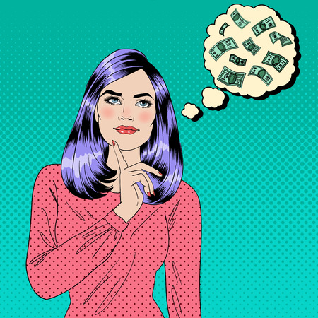 Girl Dreaming About Money. Dreaming Woman. Attractive Woman. Big Dream. Money Dream. Pop Art Banner. Vector illustrationのイラスト素材