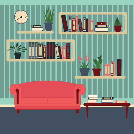 Living Room Interior. Modern Home. Room with Book Shelves and Sofa. Vector illustration. Flat styleのイラスト素材