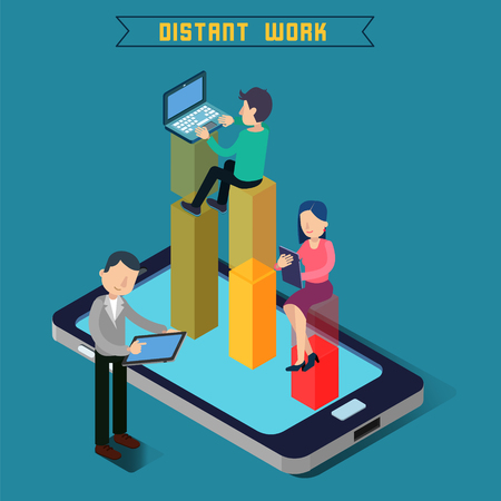 Distant Work. Team Work. Modern Technology. Remote Work. Isometric People. Isometric Concept. Man with Laptop. Woman with Tablet. Man with Tablet. Vector illustrationのイラスト素材