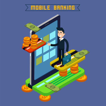 Mobile Banking. Isometric Concept. Online Payment. Mobile Payment. Money Transaction. Online Banking. Security Deposit. Finance Investment. Internet Banking. Vector illustrationのイラスト素材