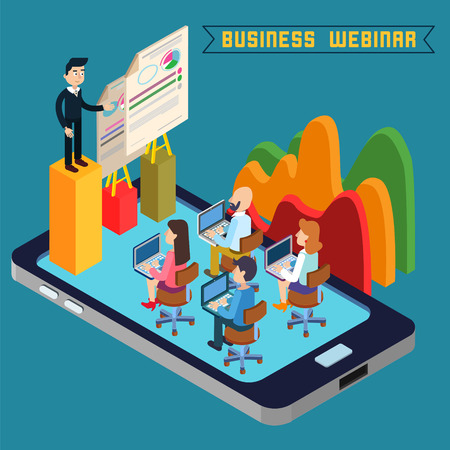 Business Webinar. Webinar Technology. Web Seminar. Modern Technology. Modern Education. Educational Process. Network Education. Business Meeting. Isometric People. Isometric Concept. Vector illustrationのイラスト素材