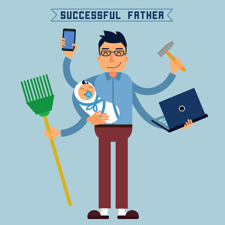 Successful Father. Super Dad. Super Man. Multitasking Man. Perfect Husband. Skillful Hands. Father with Baby. Father and Son. Man with Laptop. Vector illustration. Flat styleのイラスト素材
