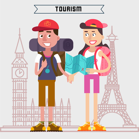 Travel Banner. Tourism Industry. Active People. Girl with Map. Man with Backpack. Tourists with Luggage. Happy Couple. Vector illustration. Flat Styleのイラスト素材