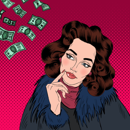 Woman Dreaming About Money. Dreaming Woman. Attractive Woman. Big Dream. Rich Life. Money Dream. Pop Art Banner. Vector illustrationのイラスト素材