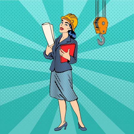Business Woman. Woman Engineer. Woman in Helmet with Documents. Business Lady. Female Architect. Pop Art Banner. Vector Illustrationのイラスト素材