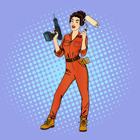 Woman in Uniform. Girl with Roller Brush. Woman Doing Repairs. Girl with Drill. Pop Art Banner. Pin Up Girl. Woman Worker. House Repair. Vector illustrationのイラスト素材