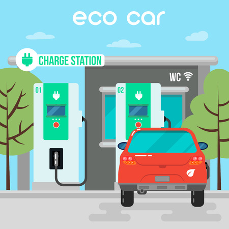 Electric Car. Eco Car on Charging Station. Green Energy. Electric Vehicle. Vector Illustrationのイラスト素材