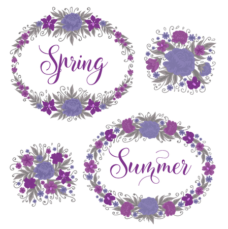 Flowers Set. Floral Frames. Greeting Cards Decoration. Wreath of Flowers. Wedding Decoration. Valentines Day Decoration. Vector illustrationのイラスト素材