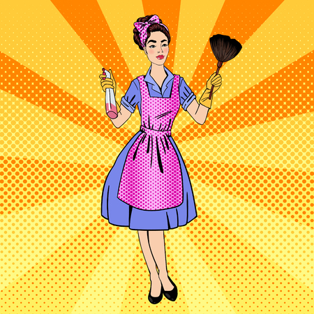 Woman Cleaning the House. Girl Doing House Work. Pin Up Girl. Pop Art. Comic Style. Vector Illustrationのイラスト素材