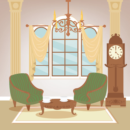 Living Room. Classic Interior. Vintage Style. Retro Furniture. Room Interior with Vintage Chandelier. Home Interior. Vector illustrationのイラスト素材