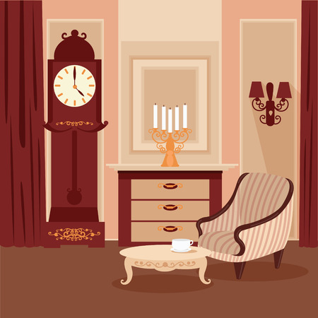 Living Room. Classic Interior. Vintage Style. Retro Furniture. Room Interior with Vintage Candlestick. Home Interior. Vector illustrationのイラスト素材