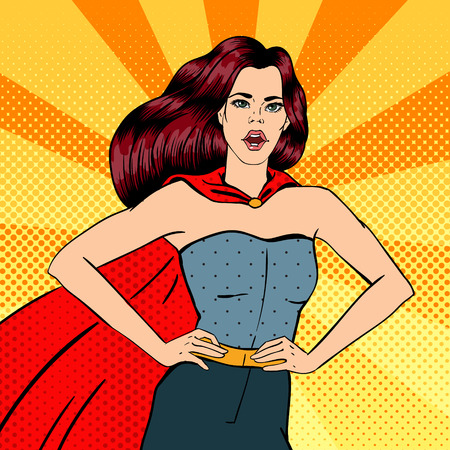 Super Woman. Female Hero. Superhero. Girl in Superhero Costume. Pin Up Girl. Comic Style. Pop Art. Vector illustrationのイラスト素材