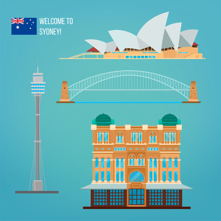 Sydney Architecture. Tourism Australia. Opera House. Sydney Buildings. Welcome to Sydney. Vector illustrationのイラスト素材