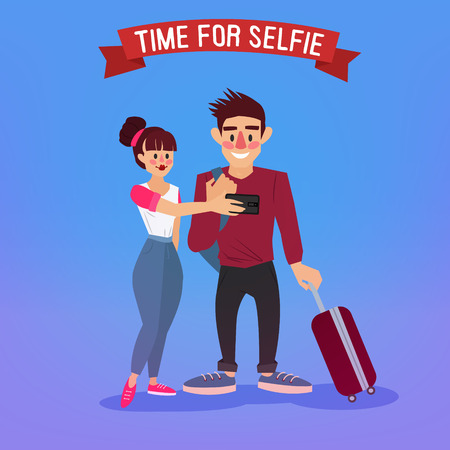 Tourists Making Selfie. Travel Banner. Tourism Industry. Active People. Tourist with Baggage. Happy Couple. Vector illustrationのイラスト素材