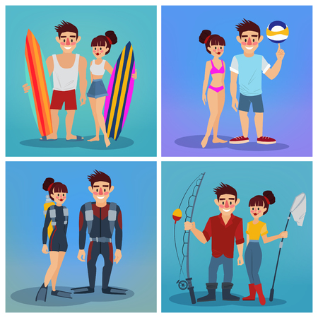 Man and Woman with Surf. Volleyball Man. Man and Woman Divers. Fisherman. Travel Banner. Tourism Industry. Active People. Vector illustrationのイラスト素材