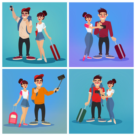 Tourists Making Selfie. Travel Banner. Tourism Industry. Active People. Tourist with Baggage. Happy Couple. Vector illustrationのイラスト素材