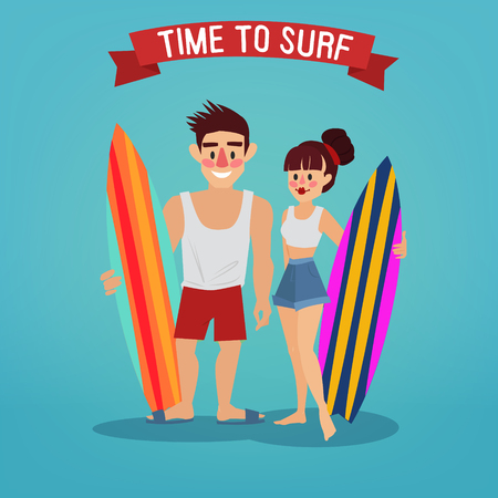 Man and Woman with Surf. Time to Surf. Travel Banner. Tourism Industry. Active People. Vector illustrationのイラスト素材