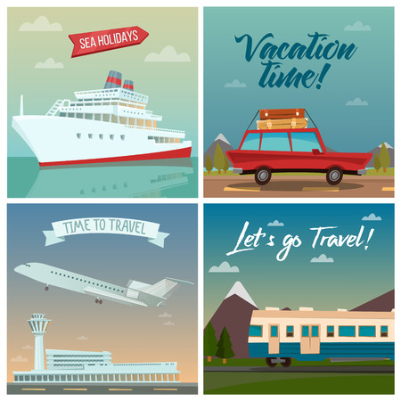 Travel Banners. Sea Holidays. Passenger Ship. Travel by Car. Air Travel. Travel by Train. Tourism Industry. Vector illustrationのイラスト素材