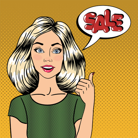 Sale Banner. Woman Gesturing Great. Pin Up Girl. Bubble Expression Sale. Pop Art. Vector illustrationのイラスト素材