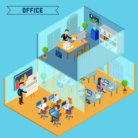 Modern Office Interior. Isometric Office. Businessman at Work. Corporative Office Building. Office Room with Furniture and Computers. Vector illustrationのイラスト素材