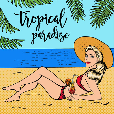 Tropical Paradise. Woman with a Cocktail. Pin Up Girl. Beautiful Woman in a Swimsuit. Pop Art. Vector illustrationのイラスト素材