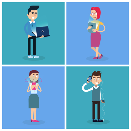 IT People. IT Professional. Programmer with Laptop. Woman with Tablet. People with Gadgets. Vector illustrationのイラスト素材