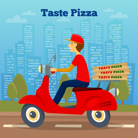 Pizza Courier on Scooter. Pizza Delivery. Delivery Man. Vector illustrationのイラスト素材