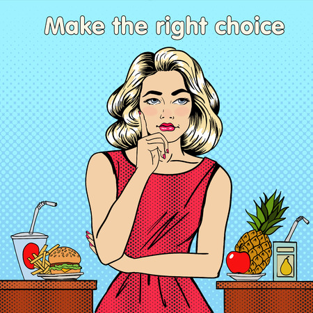 Healthy or Unhealthy Food. Woman in Doubts. Healthy Lifestyle. Fast Food and Fruits. Pop Art. Vector illustrationのイラスト素材