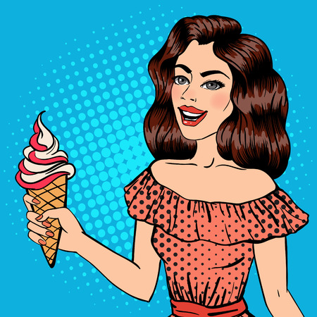 Girl with Ice Cream. Pop Art Banner. Pin Up Girl. Beautiful Woman with Icecream Cone. Vector illustrationのイラスト素材