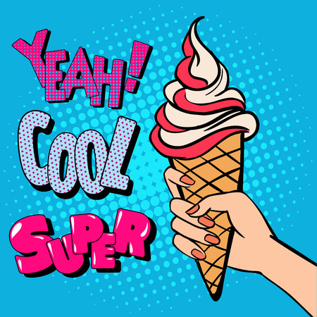 Ice Cream Cone with Comic Style Typography. Pop Art. Vector illustrationのイラスト素材