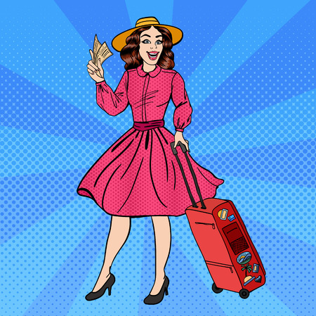 Woman with Baggage. Pin Up Girl. Beautiful Girl with Tickets. Time to Travel. Pop Art. Vector illustrationのイラスト素材