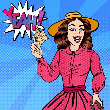 Pin Up Girl. Beautiful Woman with Tickets. Time to Travel. Pop Art. Vector illustrationのイラスト素材