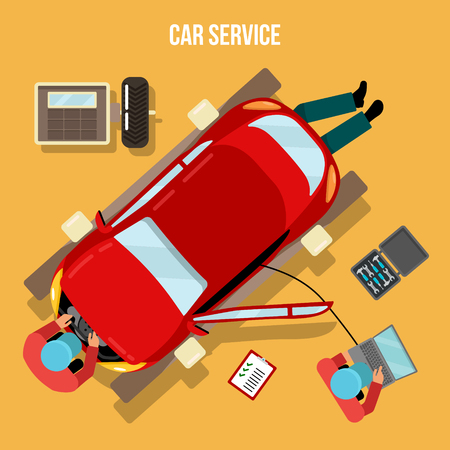 Car Service. Car Repairs and Diagnostics. Auto Maintanence. Serviceman at Work. Vector illustrationのイラスト素材