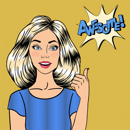 Woman Gesturing Great. Pin Up Girl. Bubble Expression Awesome. Pop Art. Vector illustrationのイラスト素材