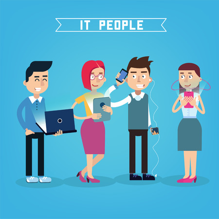 IT People. IT Professional. Programmer with Laptop. Woman with Tablet. People with Gadgets. Vector illustrationのイラスト素材
