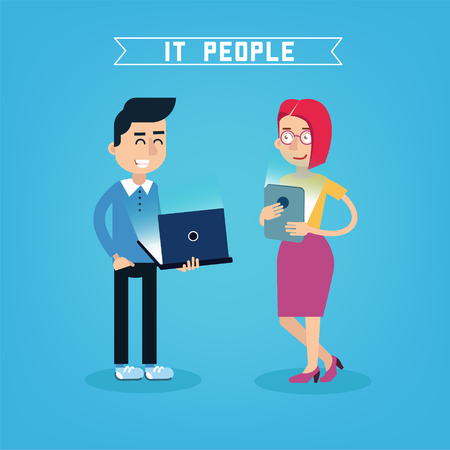 IT People. IT Professional. Programmer with Laptop. Woman with Tablet. People with Gadgets. Vector illustrationのイラスト素材