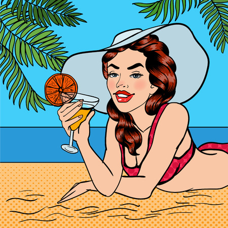 Tropical Paradise. Woman with a Cocktail. Pin Up Girl. Beautiful Woman in a Swimsuit. Pop Art. Vector illustrationのイラスト素材