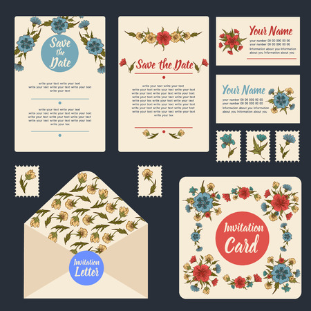 Wedding Invitation Stationary Set. Floral Decoration. Wedding Invitation. Greeting Card. Vector illustrationのイラスト素材